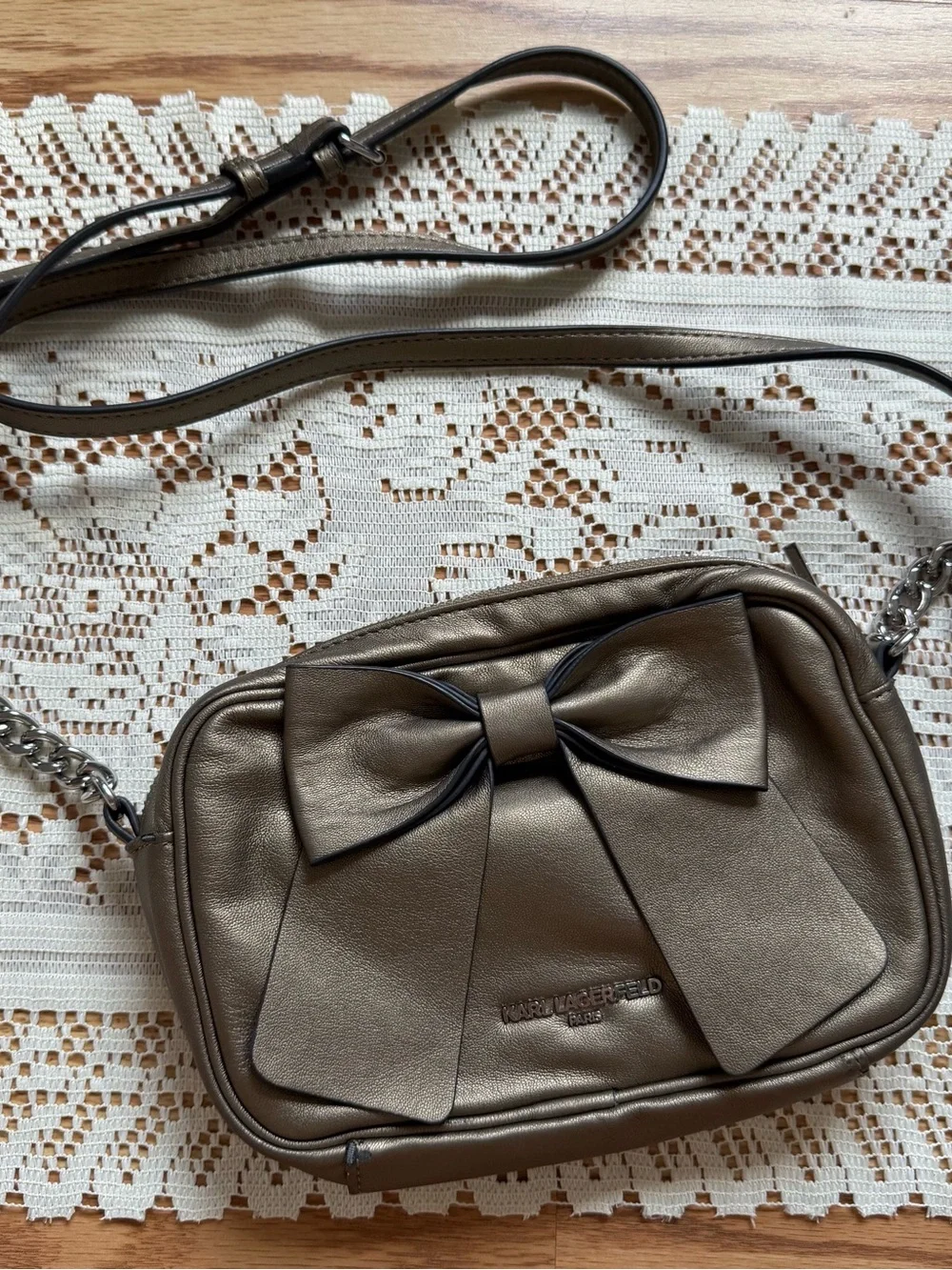 Karl Lagerfeld Metallic Taupe Bow Crossbody with Chain Strap